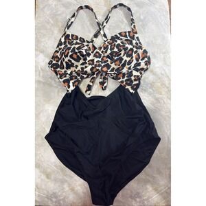 Leopard Print Swimsuit Cut Out Criss Cross Tie Back Padded‎ Bathing Suit